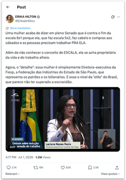 Diretora da Fiesp critica fim da 6 X 1 e reclama de salão fechado no sábado