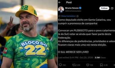 Bruno Souza, do PL, propõe plebiscito sobre secessão do Sul após reeleição de Lula